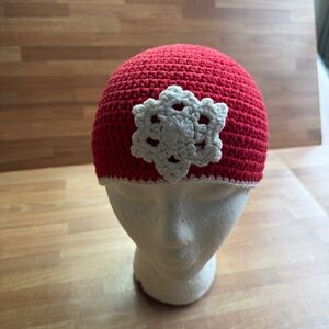 Winter snowflake crocheted red and white beenie